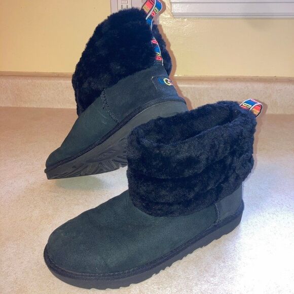 UGG Suede Boots Mini Fluff Quilted Sz 7 EU 38 Black Slip On Fur Top 3 Color Logo - Picture 1 of 10